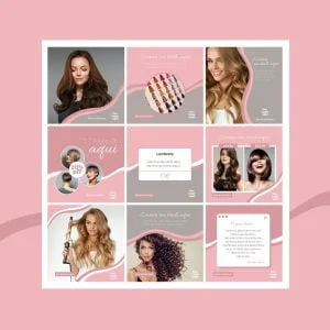 Grade de artes digitais personalizáveis com fotos de mulheres e campos de texto editable.