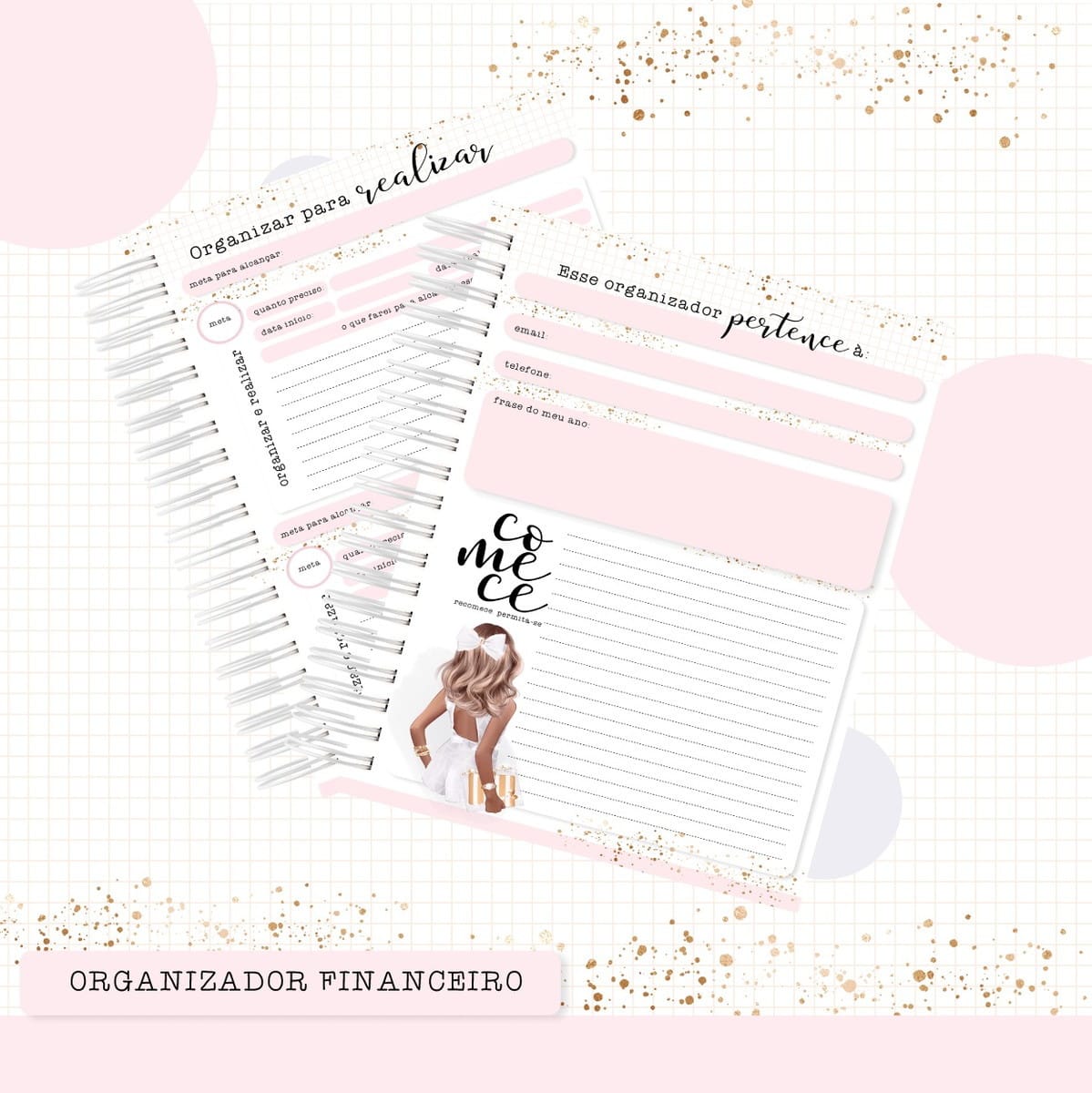 Organizador Financeiro para Imprimir e Encadernar A5 3 Páginas de organizador digital com tema rosa e dourado para planejamento financeiro.