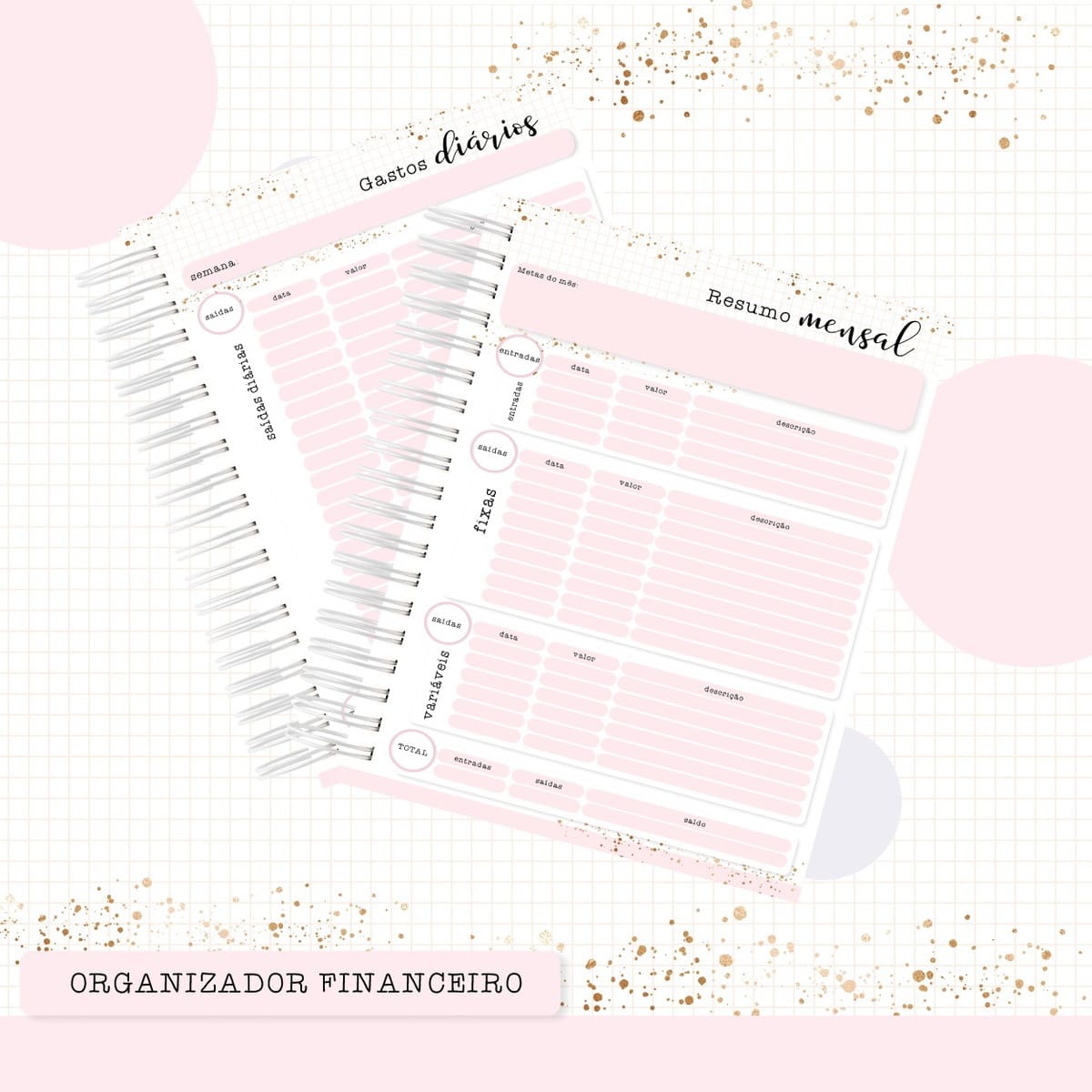 Organizador Financeiro para Imprimir e Encadernar A5 4 Arte digital de planejador financeiro com páginas rosa, espiral e detalhes dourados.