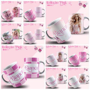 Arte digital de designs de canecas com tema rosa, padrões variados e o nome Bianca.
