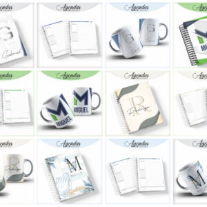 Kit Agenda Masculina Digital com Alfabeto para Personalizar 6 Designs digitais de agendas e canecas com temas masculinos e iniciais.