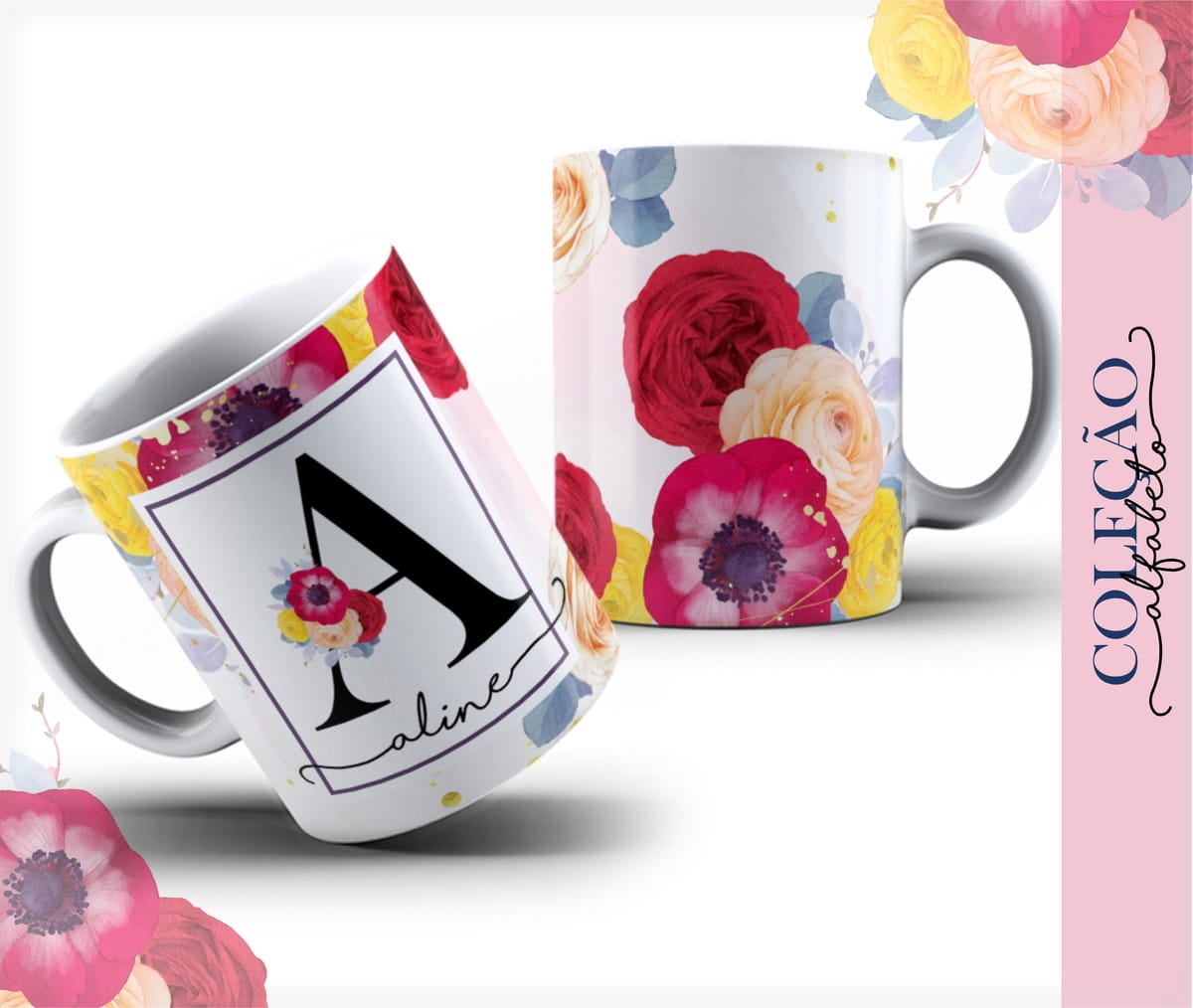 Alfabeto Floral Aquarela para Sublimação com Fontes 2 Arte digital de duas canecas brancas com estampa floral colorida e letra 'A'.