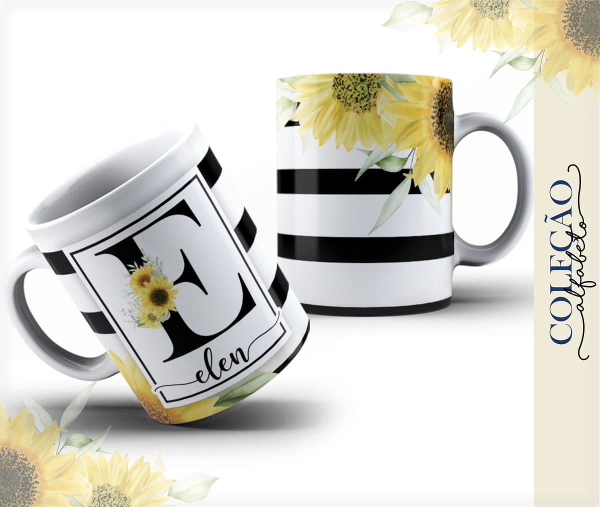 Alfabeto Floral Aquarela para Sublimação com Fontes 3 Arte digital de canecas com estampa de girassóis, listras e a letra E da Coleção Alfabeto.
