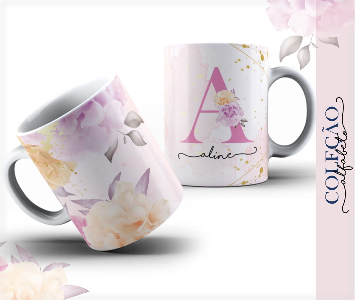 Alfabeto Floral Aquarela para Sublimação com Fontes 4 Arte digital floral com letra A e detalhes dourados.