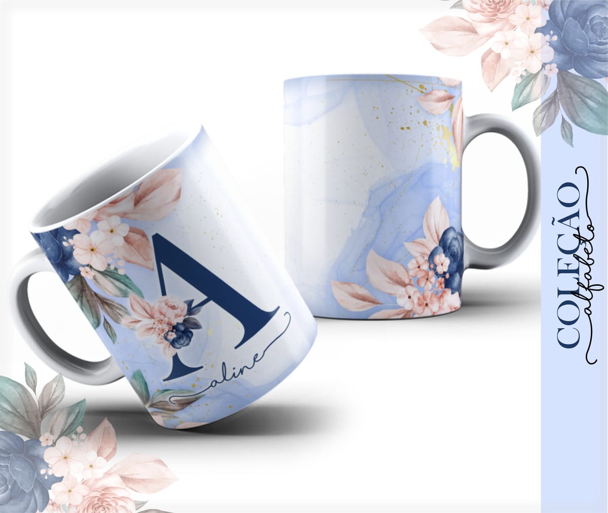 Alfabeto Floral Aquarela para Sublimação com Fontes 1 Duas canecas brancas com arte digital floral em tons de azul e rosa, e a letra A.