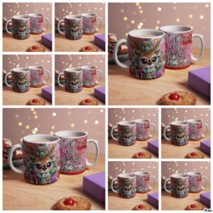 Pack de Artes Natalinas para Caneca em PNG e CDR 9 Canecas decoradas com veado natalino e mensagens positivas, sobre mesa de madeira.