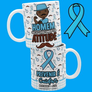 Duas canecas brancas com estampa de laços e frases sobre saúde masculina.