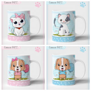 Quatro canecas brancas com arte digital de gatos e cachorros fofos.