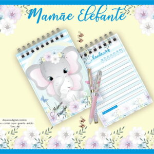 Arte digital de caderno com elefantes e flores, ideal para maternidade.