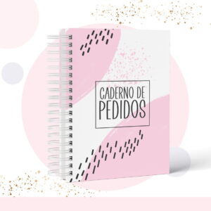 Caderno de Pedidos com capa rosa e branca, espiral branco, arte digital.