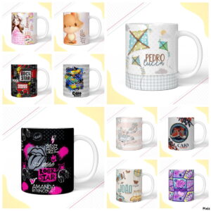 Nove canecas brancas com designs de arte digital variados.