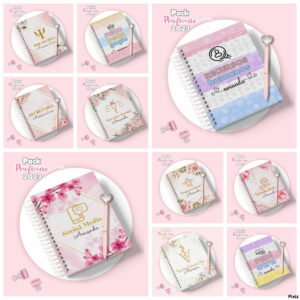 Kit Digital Agenda Profissões Femininas com Canecas 12 Arte digital de cadernos e canetas com temas de profissões variadas em fundo rosa.