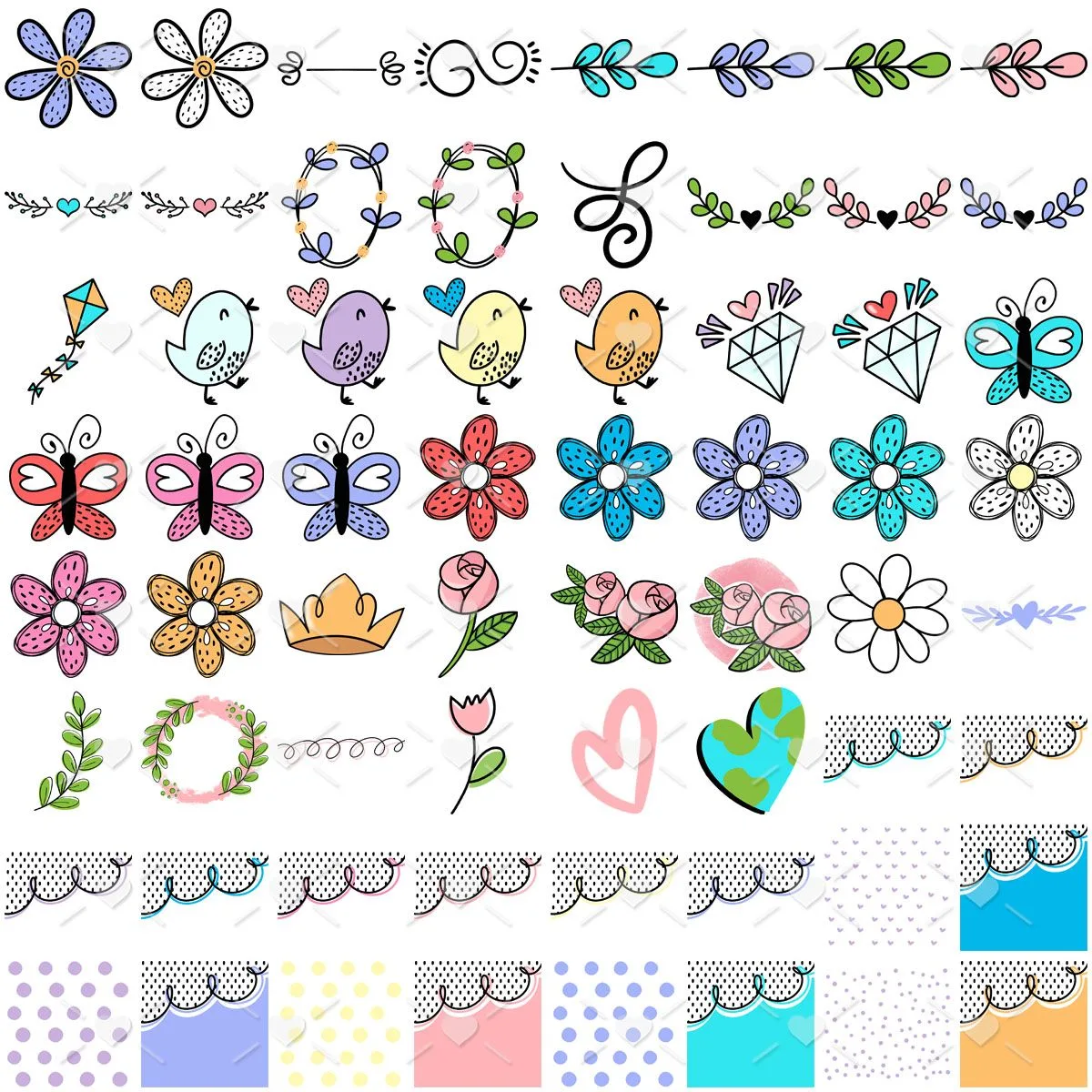 Coleção de ilustrações coloridas incluindo flores, borboletas, passarinhos e padrões decorativos variados.