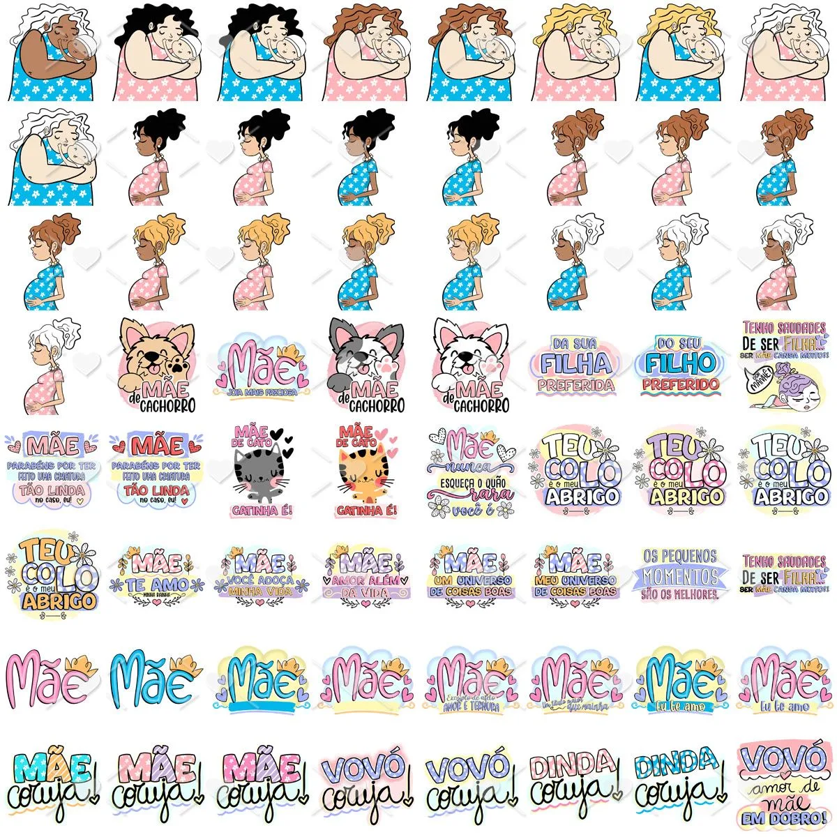 Conjunto de adesivos digitais com ilustrações de mães, bebês e mensagens afetuosas diversas.