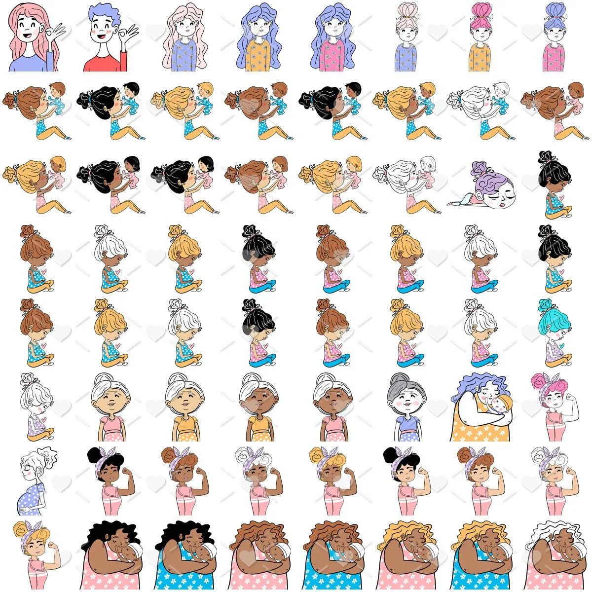 Coleção de ilustrações digitais contendo diversas mulheres em diferentes posturas e situações cotidianas.