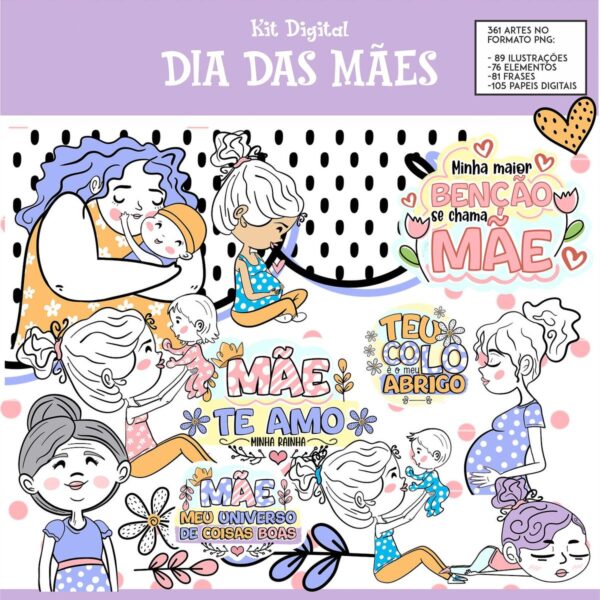 Pack Digital Dia das Mães Frases Fofas e Ilustrações PNG