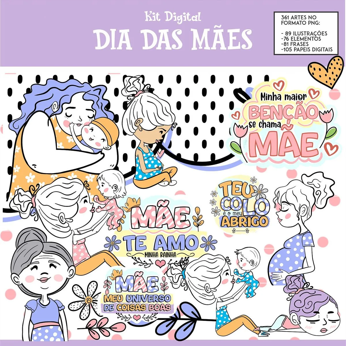 Ilustrações de diversas mães e frases afetuosas em um conjunto de arte digital.