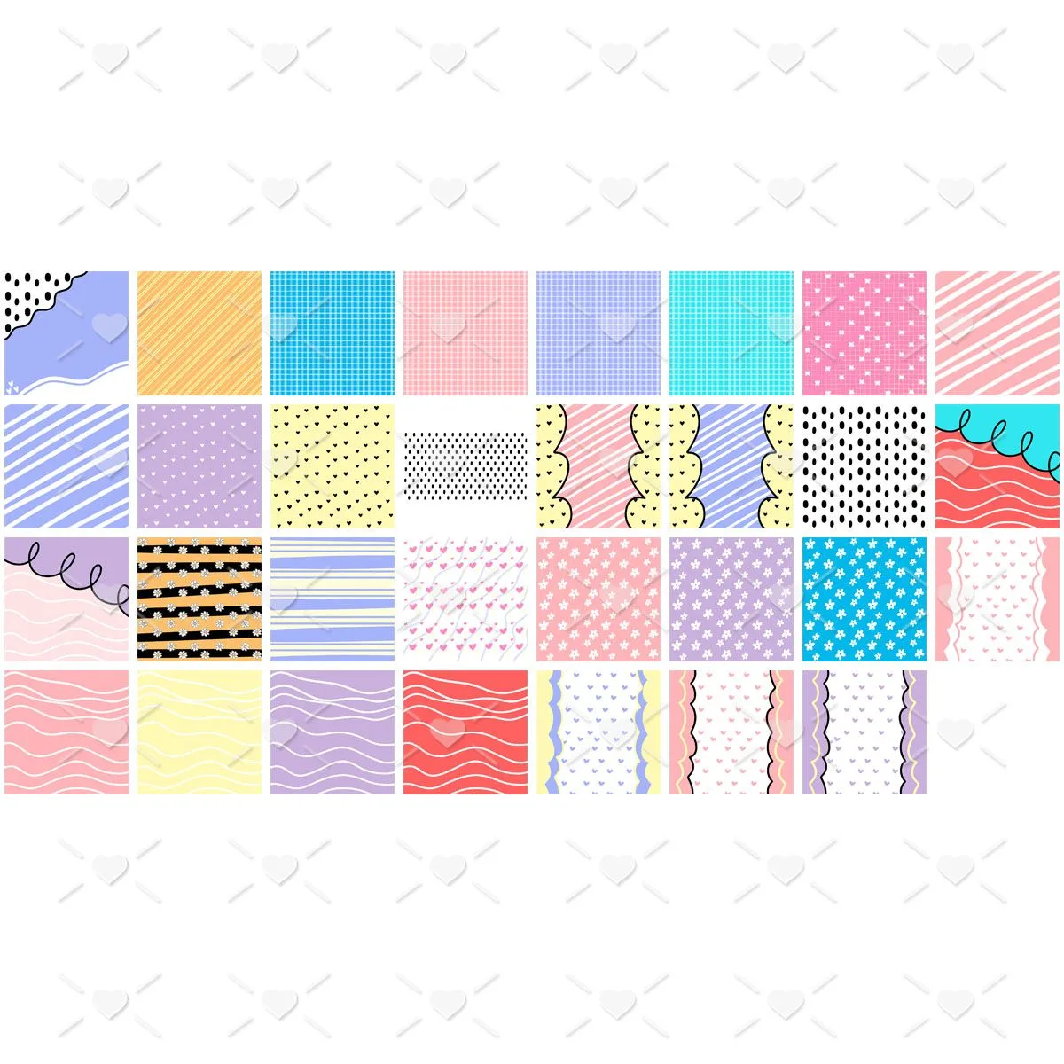 Coleção de diversos padrões coloridos dispostos em uma grade retangular sobre fundo branco.