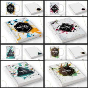 Oito designs de arte digital abstrata exibidos em canecas e cadernos, com padrões coloridos.