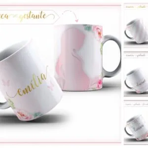 Apresentação de canecas personalizadas com tema de gestante e flores delicadas.