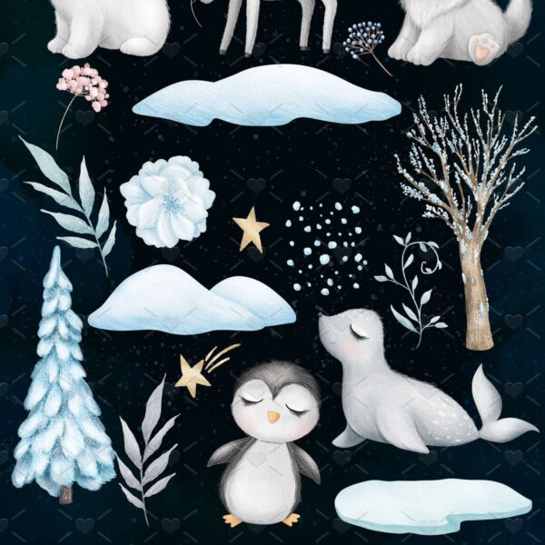Pack Ilustrações Animais Fofos do Ártico Neve Bebês Ursinho