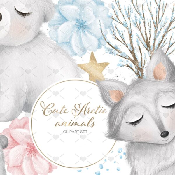 Pack Ilustrações Animais Fofos do Ártico Neve Bebês Ursinho