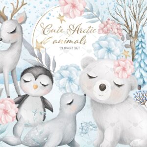 Pack Ilustrações Animais Fofos do Ártico Neve Bebês Ursinho