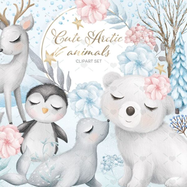 Pack Ilustrações Animais Fofos do Ártico Neve Bebês Ursinho