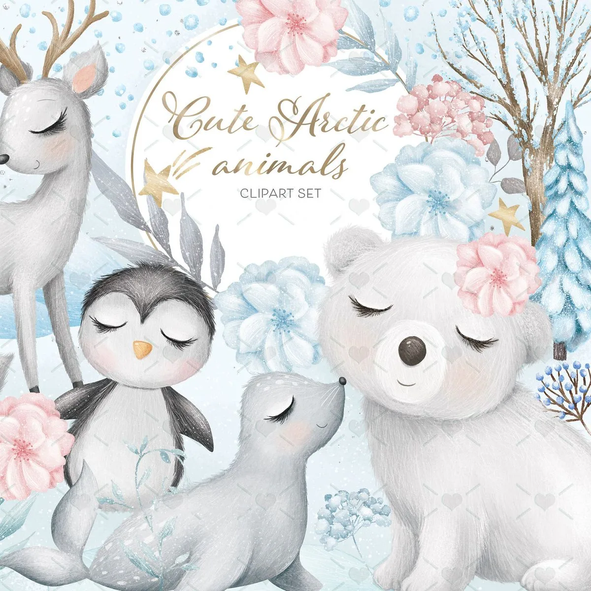 Pack Ilustrações Animais Fofos do Ártico Neve Bebês Ursinho
