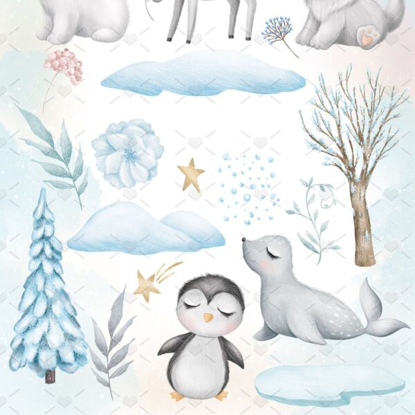 Pack Ilustrações Animais Fofos do Ártico Neve Bebês Ursinho