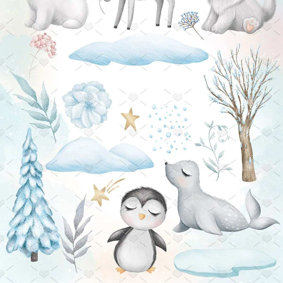 Pack Ilustrações Animais Fofos do Ártico Neve Bebês Ursinho
