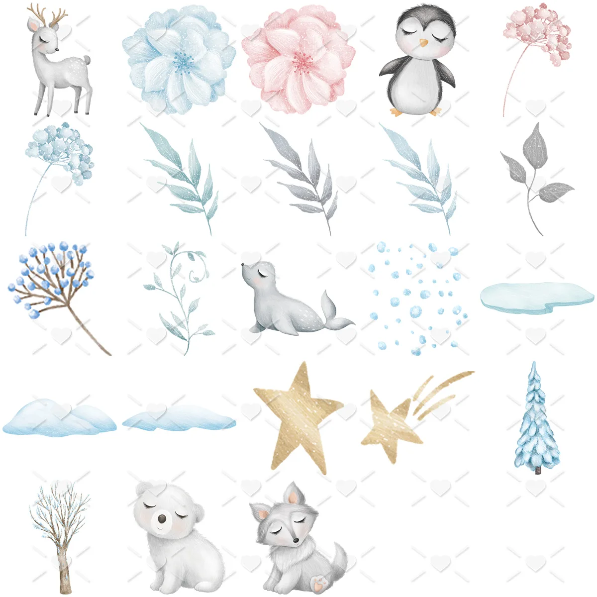 Pack Ilustrações Animais Fofos do Ártico Neve Bebês Ursinho