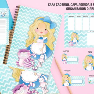 Arte digital de papelaria com personagem feminina loira, coelho e gato listrado.
