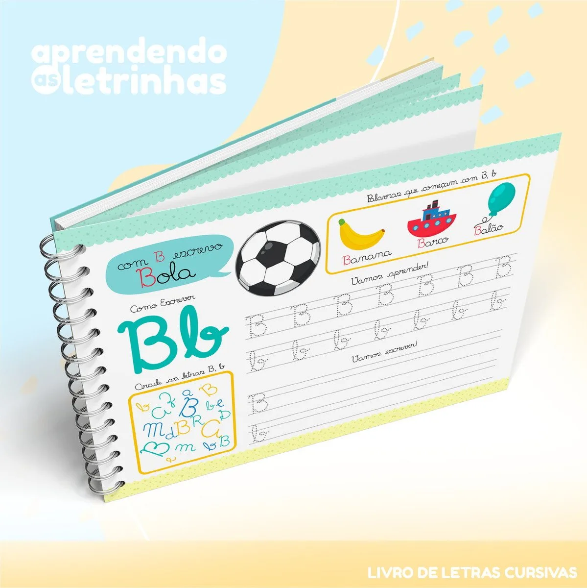 Página de caderno didático infantil com exercícios sobre a letra B e desenhos.
