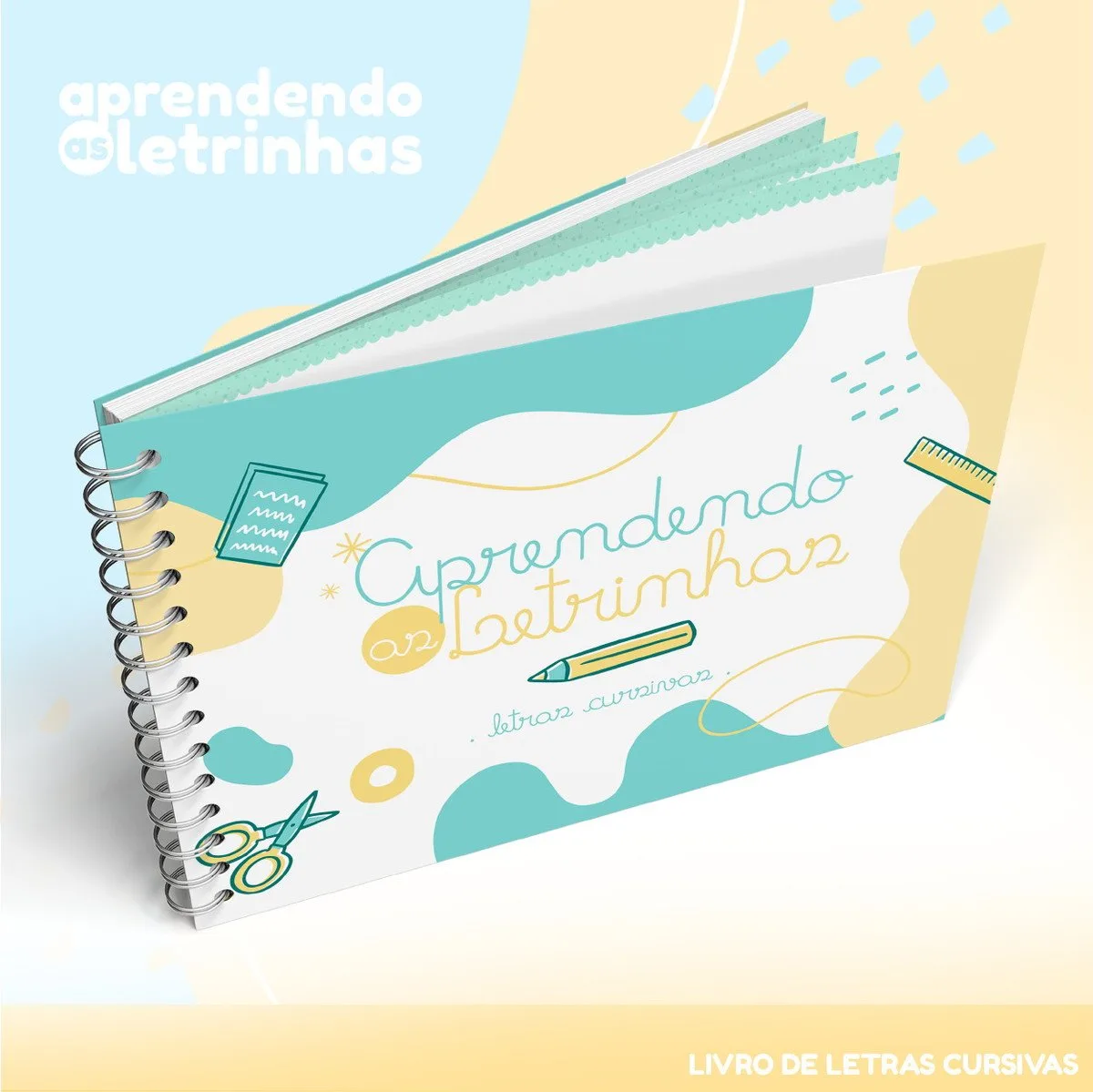 Caderno espiral com ilustrações de material escolar e texto sobre letras cursivas.