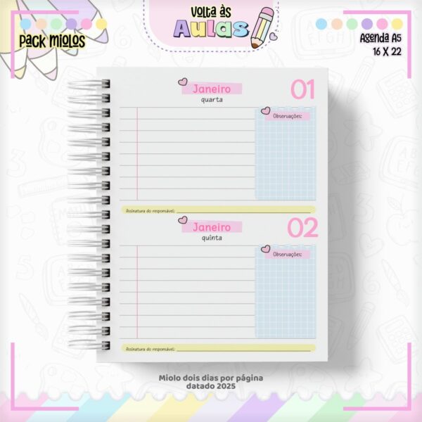 Pack Miolo Agendas Escolares A5 2025 - Arquivo Digital