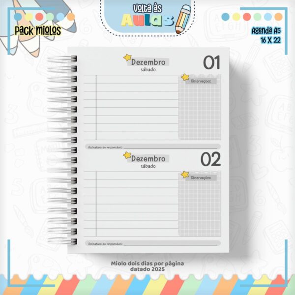 Pack Miolo Agendas Escolares A5 2025 - Arquivo Digital