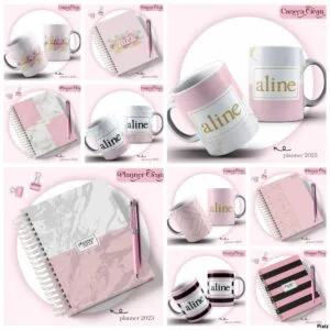 Pack Planner Clean 2023 - Arquivo Digital 9 Coleção de canecas personalizadas e planners espiral com estampas variadas em fundo rosa.