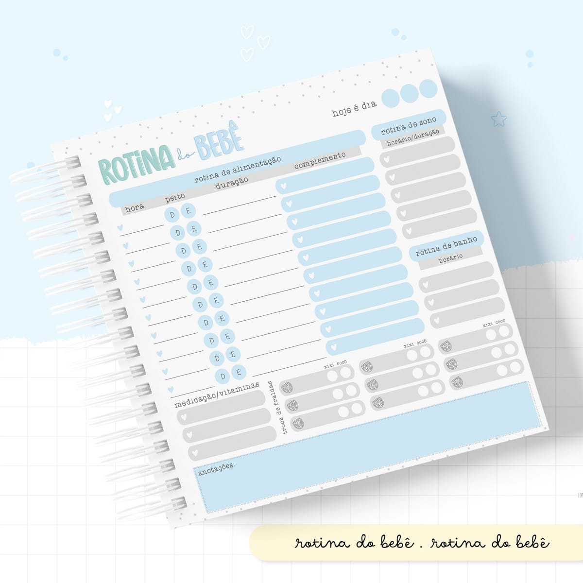 Diário de Rotina do Bebê em PDF para Imprimir e Encadernar 4 Arte digital de planejador de rotina do bebê, com seções de alimentação e sono.
