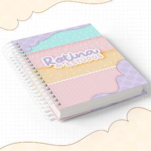 Caderno espiral com capa pastel colorida e texto "Rotina de ESTUDOS". Arte digital.