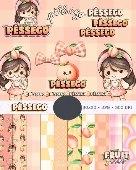 Pacote Arte Digital Boneca Cute com Detalhes de Frutas 1 Pacote Arte Digital Boneca Cute com Detalhes de Frutas