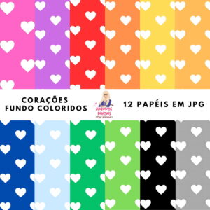 Doze papéis digitais com corações brancos sobre fundos coloridos variados.