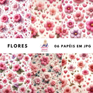 Seis padrões digitais com flores e corações em tons de rosa e roxo.