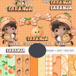 Papel Digital Tema Boneca e Frutas Laranja Aquarelado