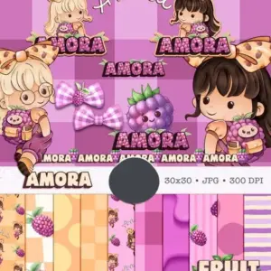Papelaria Personalizada Boneca e Frutas em Aquarela PNG