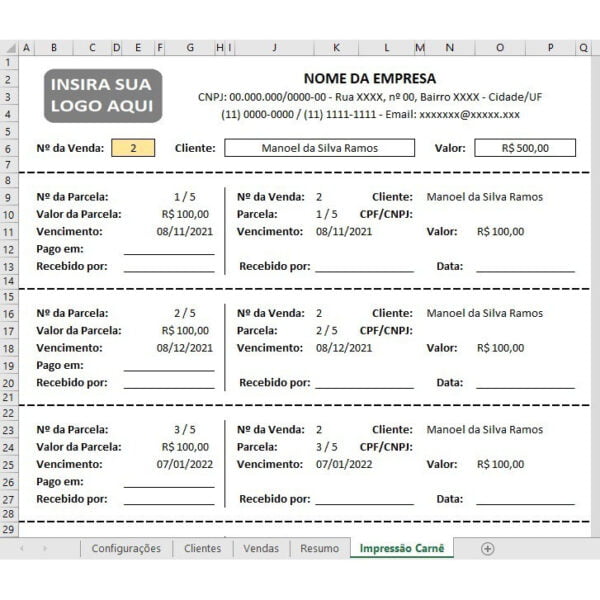 Planilha Controle de Vendas Parceladas C/ Impressão de Carnê