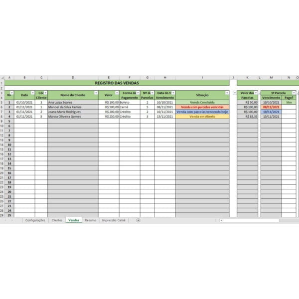 Planilha Controle de Vendas Parceladas C/ Impressão de Carnê