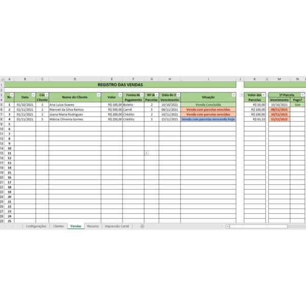 Planilha Controle de Vendas Parceladas C/ Impressão de Carnê