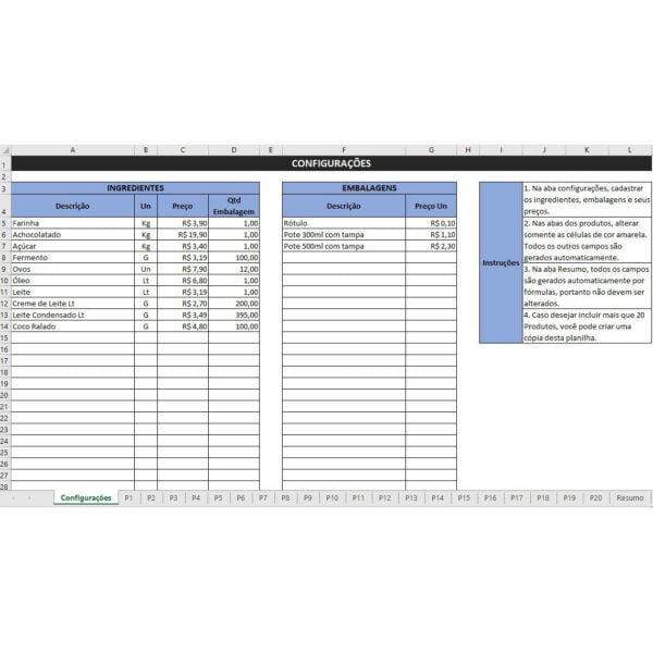 Planilha Custos de Receitas Com Precificação Automática