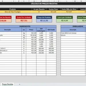 Planilha Custos de Receitas Com Precificação Automática